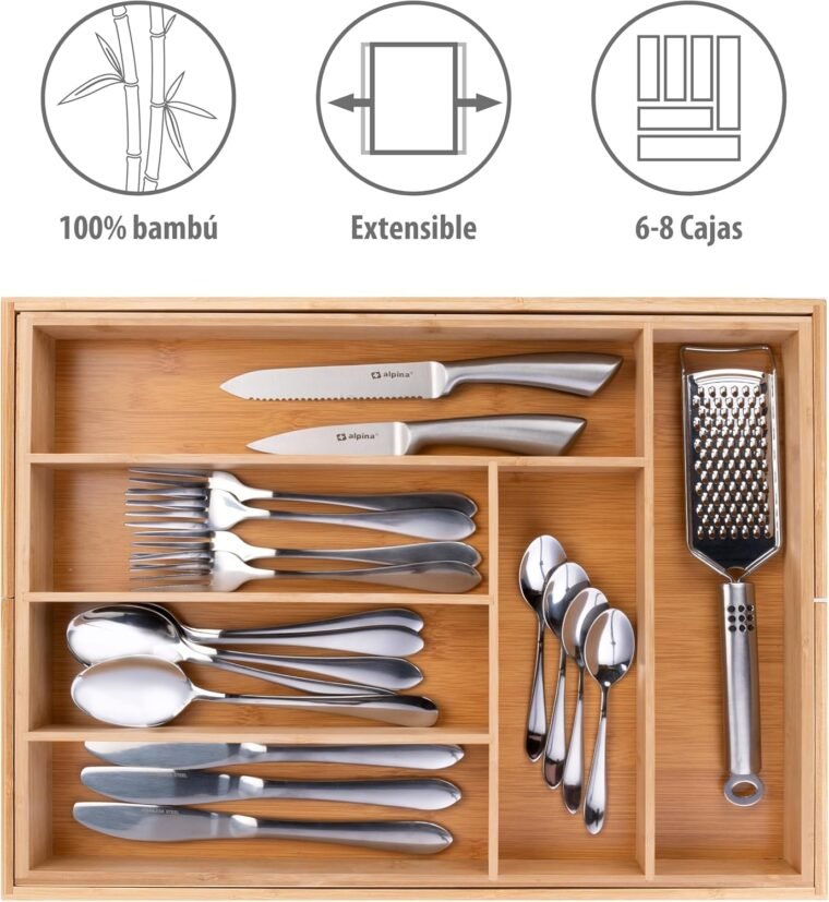 alpina Organizador Cajones - Cubertos para Cajon Cocina Extensible 46x34-56,5x6 cm - Caja Organizadora para Utensilios hasta 8 Compartimentos - Para Utensilios de Cocina, Gafas de Sol y Más - Bambú - Imagen 3