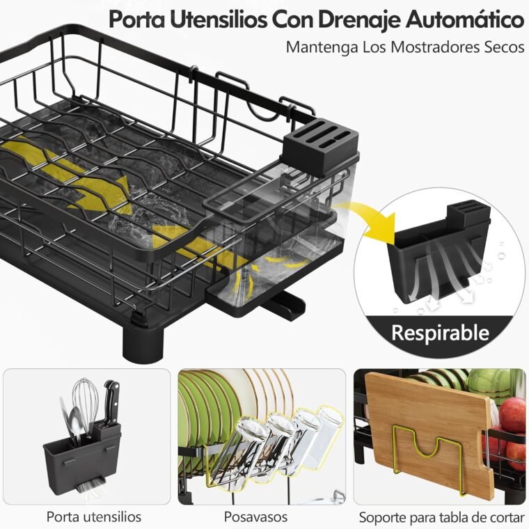 Boosiny Escurreplatos Acero Inoxidable de 2 Niveles, Escurridor de Platos Grande con Drenaje Automático, Escurridor con Soporte para Utensilios, Tabla de Cortar, Portavasos y Almohadilla de Secado - Imagen 3