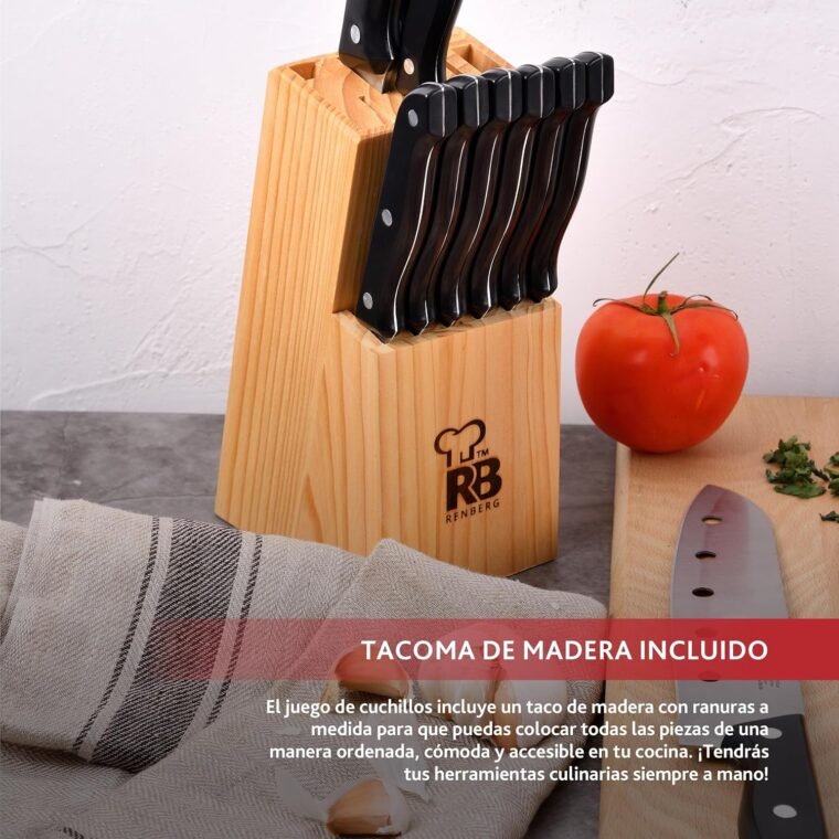 RENBERG Tenessy | Cuchillos de Cocina | Set Completo de 15 Piezas con Tacoma de Madera | Perfectos para Cortar Todo Tipo de Ingredientes | Cocina Profesional | Fabricados en Acero Inoxidable - Imagen 6