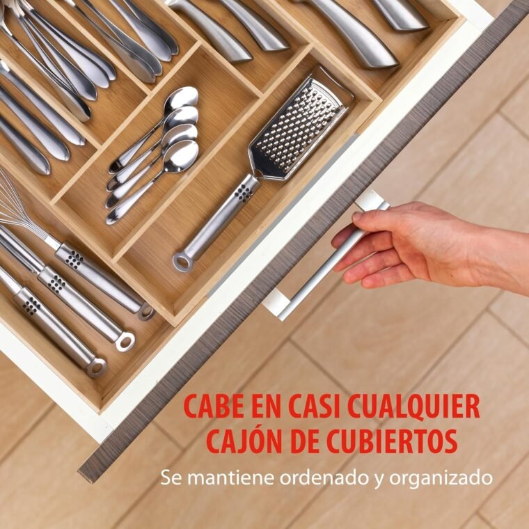 alpina Organizador Cajones - Cubertos para Cajon Cocina Extensible 46x34-56,5x6 cm - Caja Organizadora para Utensilios hasta 8 Compartimentos - Para Utensilios de Cocina, Gafas de Sol y Más - Bambú - Imagen 7