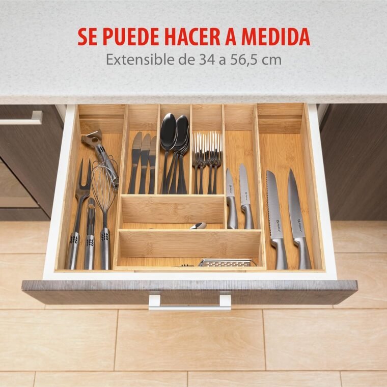 alpina Organizador Cajones - Cubertos para Cajon Cocina Extensible 46x34-56,5x6 cm - Caja Organizadora para Utensilios hasta 8 Compartimentos - Para Utensilios de Cocina, Gafas de Sol y Más - Bambú - Imagen 6