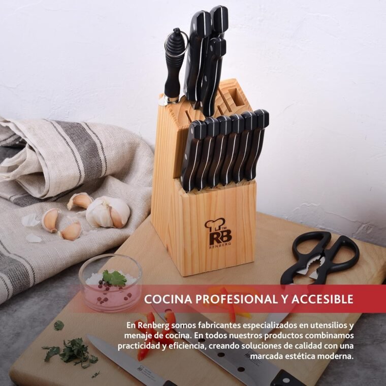 RENBERG Tenessy | Cuchillos de Cocina | Set Completo de 15 Piezas con Tacoma de Madera | Perfectos para Cortar Todo Tipo de Ingredientes | Cocina Profesional | Fabricados en Acero Inoxidable - Imagen 3