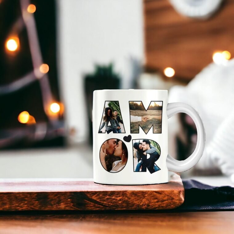 Taza de cerámica personalizada con foto. Taza personalizada para San Valentín con frase. Regalo original personalizado. (4 fotos y palabra AMOR) - Imagen 7