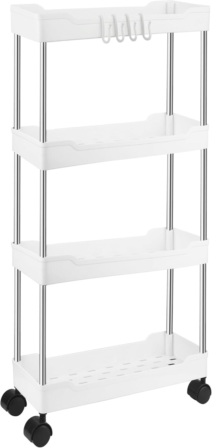 FUREINSTORE Carrito Estrecho de Almacenamiento Movible de Plástico con Ruedas – Estante Organizador Ideal para Cocina, Baño, Oficina o Dormitorio, Fácil Montaje y Transporte (Blanco, 4 Niveles)