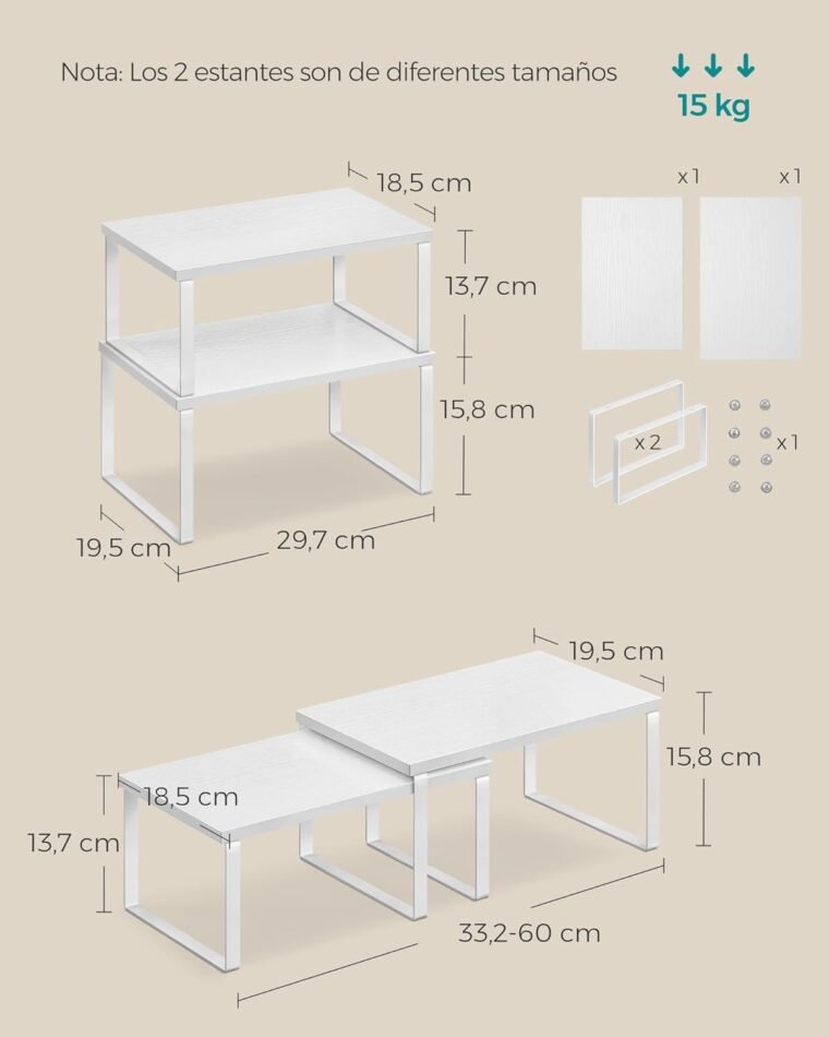 SONGMICS Estante para Especias, Juego de 2, Organizador de Armario, Estante de Almacenamiento de Cocina Extensible, Especiero de Metal y Madera de Ingeniería, Blanco Nieve y Blanco KCS02W01 - Imagen 6