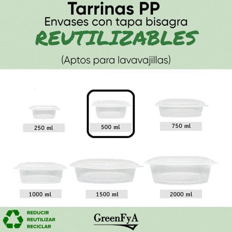 GreenFyA - 50 Envases Reutilizables PP con Tapa Bisagra para Alimentos Calientes o Fríos, Ecológicos - Plástico Reciclables -Apto Microondas - Congelación y Lavavajillas. (500ml)