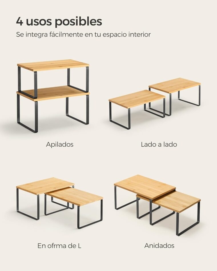 SONGMICS Estante para Especias, Juego de 2, Organizador de Armario, Estante de Almacenamiento de Cocina Extensible, Especiero de Metal y Madera de Ingeniería, Negro Tinta y Beige Natural KCS02NB - Imagen 7