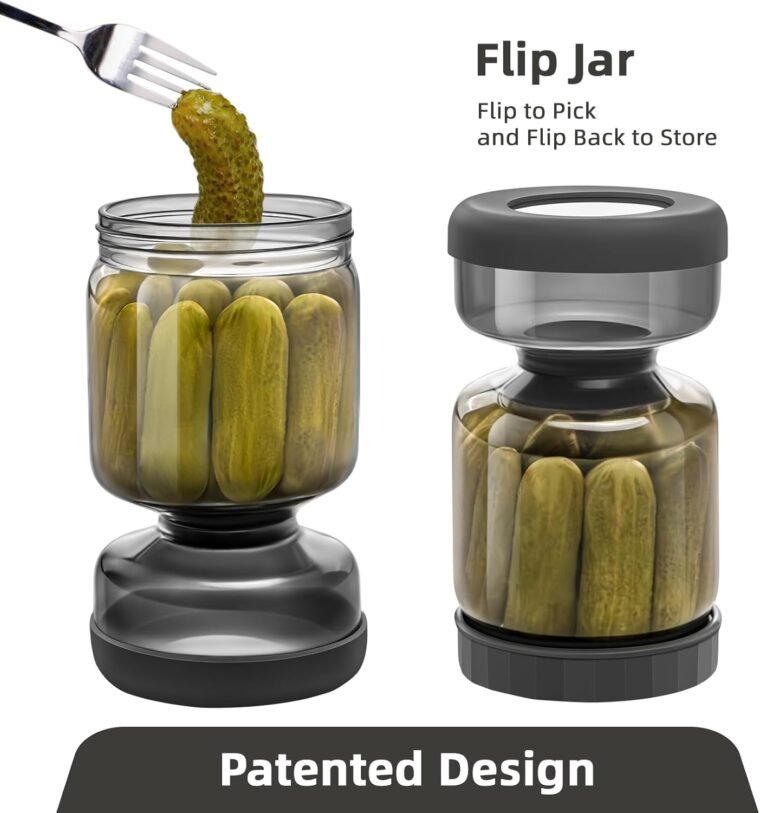 WhiteRhino Tarro de pepinillos con colador Flip,Recipiente de 34oz para pepinillos con doble a prueba de fugas,Tarro de cristal separador de jugo de pepinillos Flip Pickle y Olive Hourglass Jar - Imagen 3