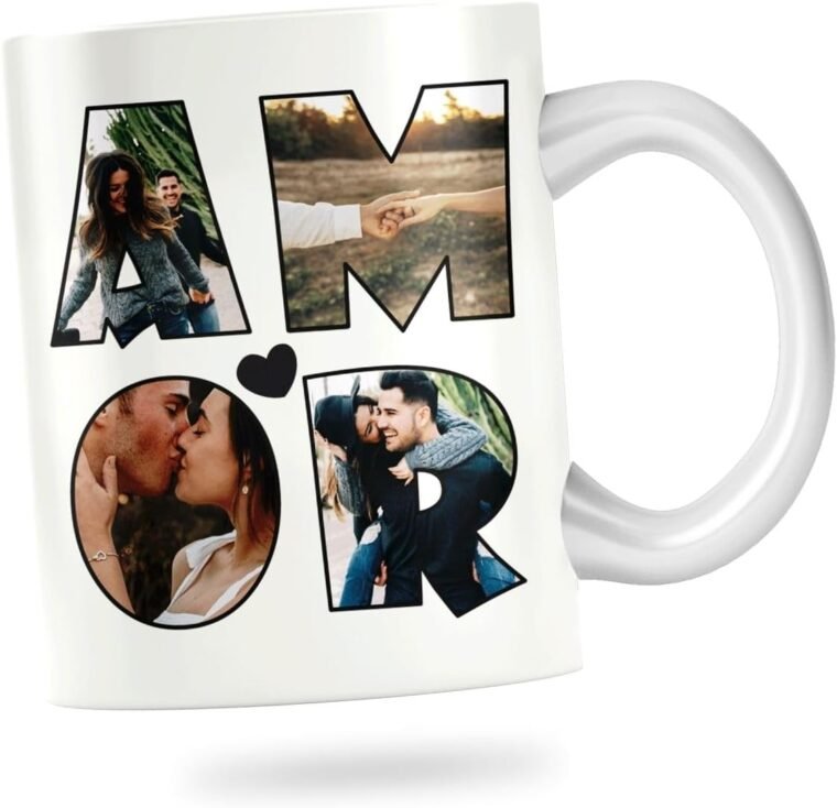 Taza de cerámica personalizada con foto. Taza personalizada para San Valentín con frase. Regalo original personalizado. (4 fotos y palabra AMOR)