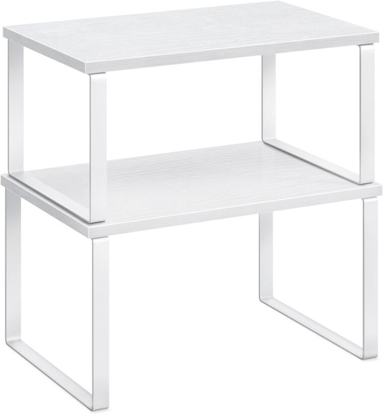 SONGMICS Estante para Especias, Juego de 2, Organizador de Armario, Estante de Almacenamiento de Cocina Extensible, Especiero de Metal y Madera de Ingeniería, Blanco Nieve y Blanco KCS02W01