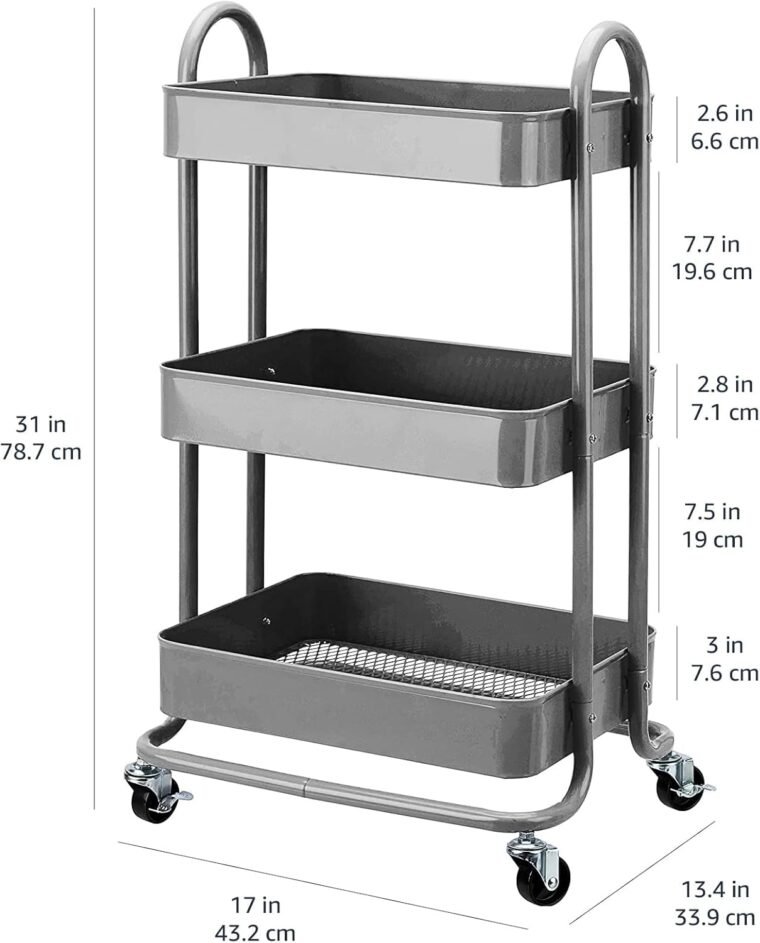 Amazon Basics - Carrito de cocina o multiuso de 3 estantes con ruedas, Gris Oscuro - Imagen 8