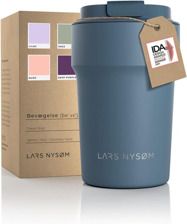 LARS NYSØM Taza térmica café para llevar | Termo Café para llevar de 0,38 litros con aislante | Travel Mug de Acero Inoxidable a Prueba de Fugas para la Bebida Caliente y el Té (Stone Blue, 380ml)