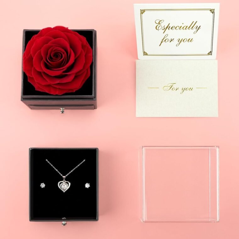 Sunia Rosa Real Eterna,Rosa Eterna Flores Preservadas con Collar y Pendientes de Corazón Plata de Ley 925,Rosa Real Hecho a Mano para Mujer Mamá Abuela,Regalo del Dia de la Madre San Valentin Navidad - Imagen 6