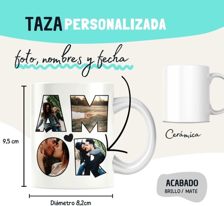 Taza de cerámica personalizada con foto. Taza personalizada para San Valentín con frase. Regalo original personalizado. (4 fotos y palabra AMOR) - Imagen 2