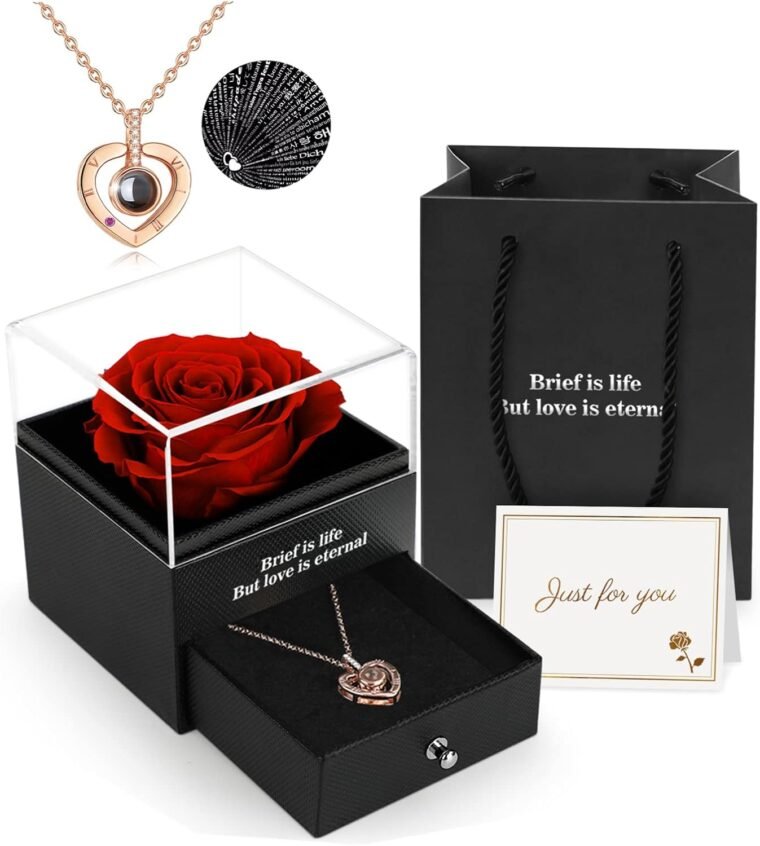 ADAZ Rosa Eterna con Collar, Flores Preservadas Hecha a Mano, Regalos Originales para Mujer, Día de la Madre, Regalo Navidad, Regalo San Valentin Mujer Novia Mamá