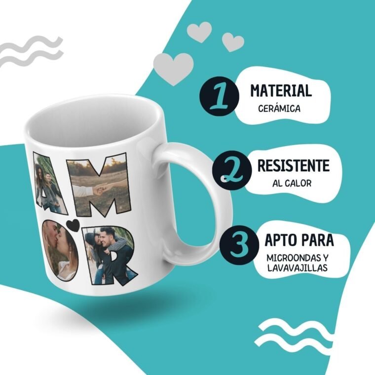 Taza de cerámica personalizada con foto. Taza personalizada para San Valentín con frase. Regalo original personalizado. (4 fotos y palabra AMOR) - Imagen 4