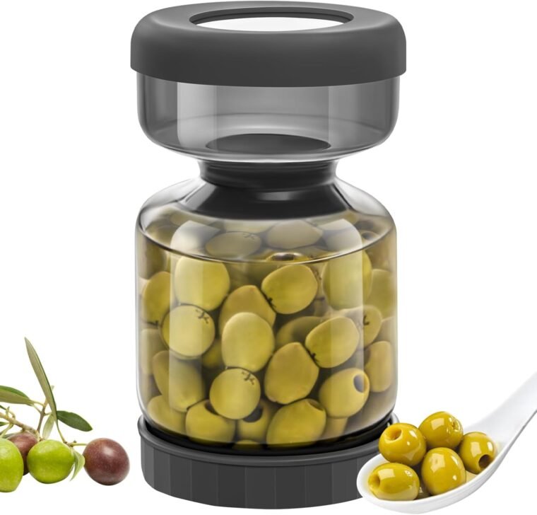 WhiteRhino Tarro de pepinillos con colador Flip,Recipiente de 34oz para pepinillos con doble a prueba de fugas,Tarro de cristal separador de jugo de pepinillos Flip Pickle y Olive Hourglass Jar