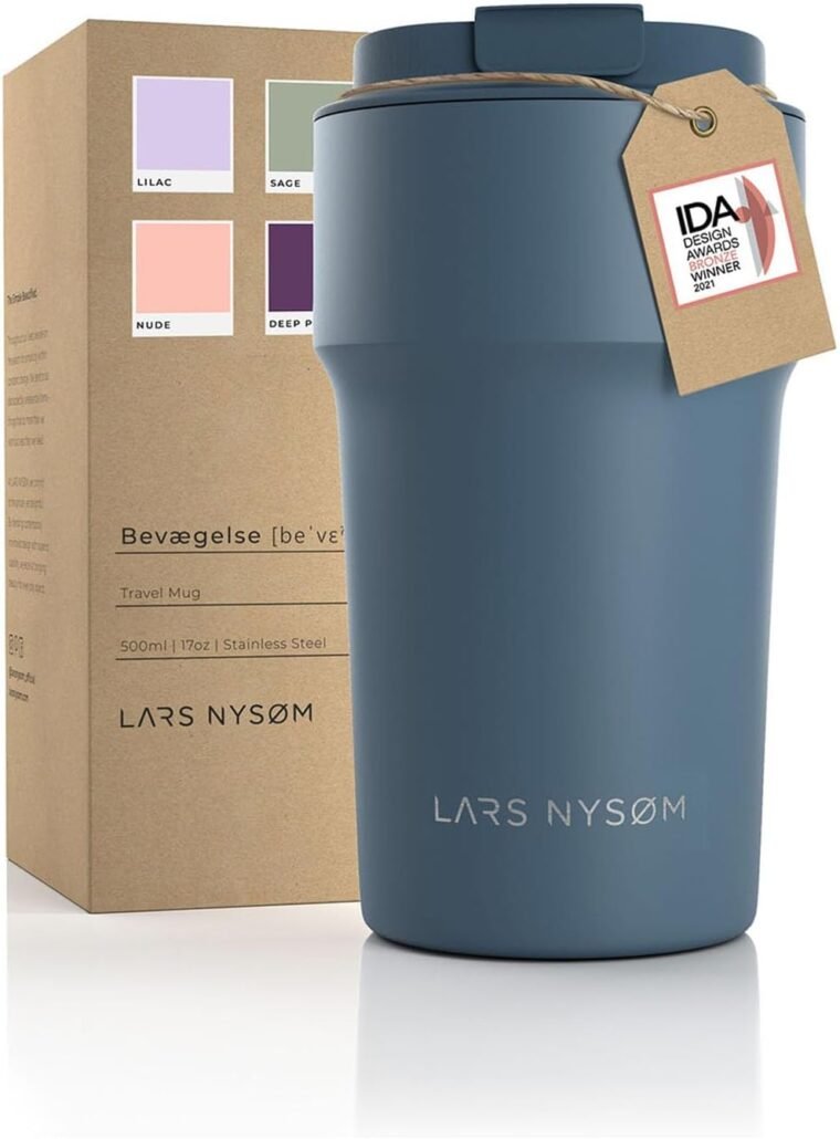 LARS NYSØM Taza térmica café para llevar | Termo Café para llevar de 0,5 litros con aislante | Travel Mug de Acero Inoxidable a Prueba de Fugas para la Bebida Caliente y el Té (Stone Blue, 500ml)