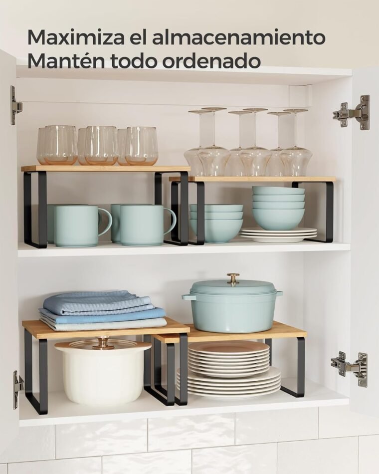 SONGMICS Estante para Especias, Juego de 2, Organizador de Armario, Estante de Almacenamiento de Cocina Extensible, Especiero de Metal y Madera de Ingeniería, Negro Tinta y Beige Natural KCS02NB - Imagen 3