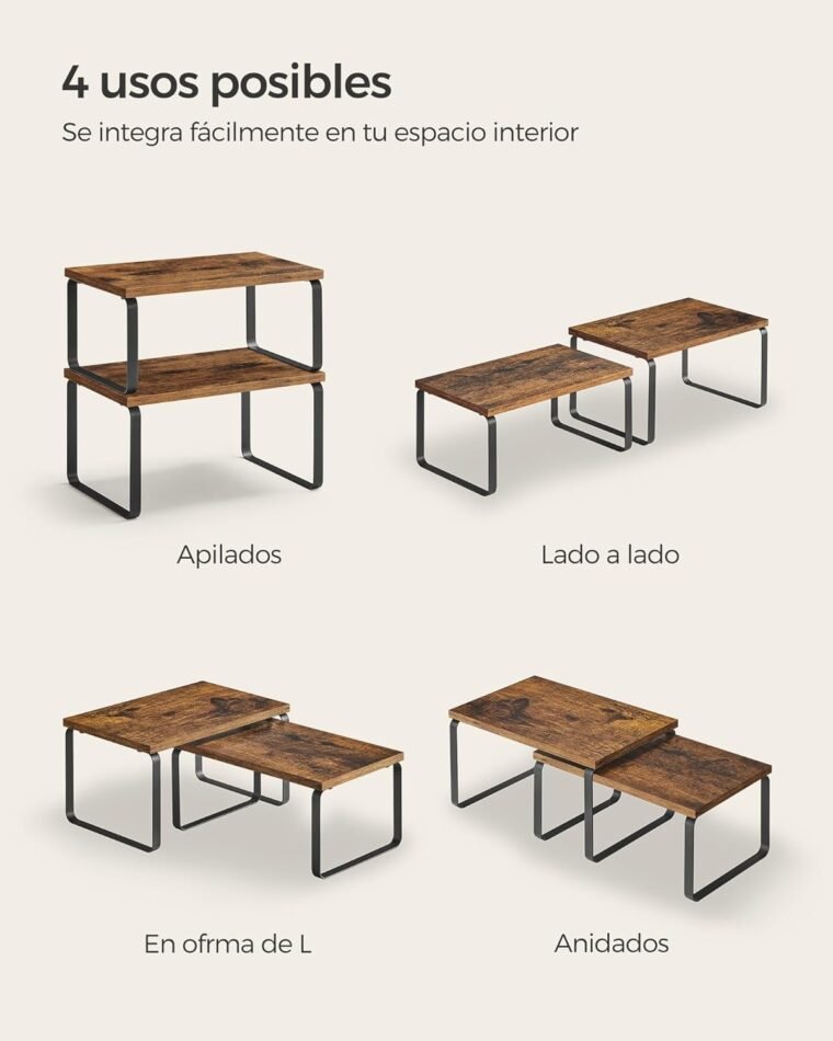 SONGMICS Estante para Especias, Juego de 2, Organizador de Armario, Estante de Almacenamiento de Cocina Extensible, Especiero de Metal y Madera de Ingeniería, Negro y Marrón Rústico KCS020X01 - Imagen 8