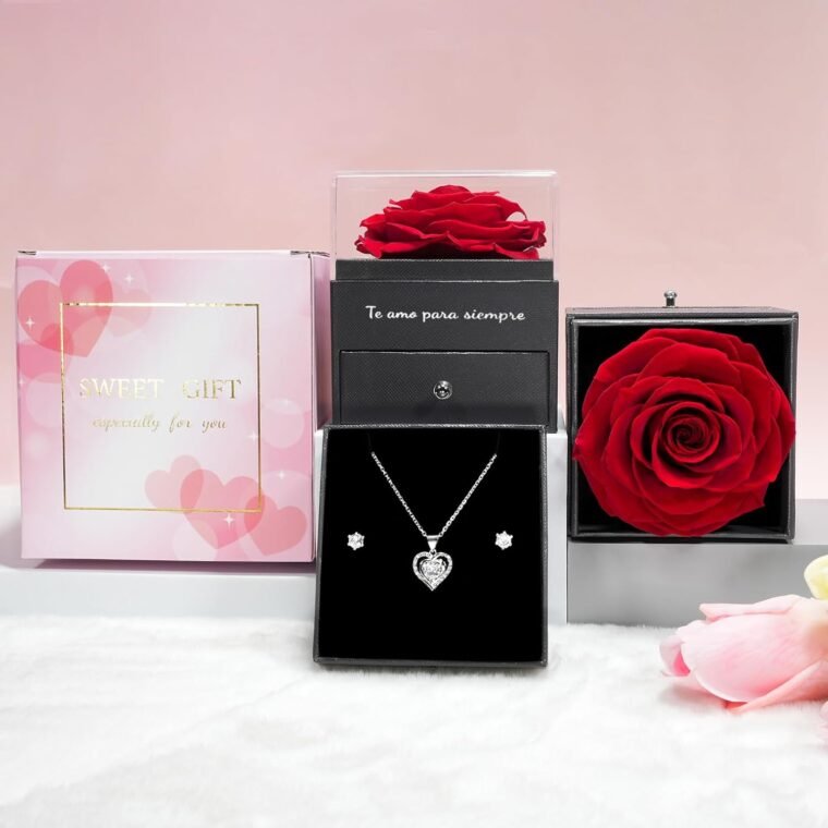 Sunia Rosa Real Eterna,Rosa Eterna Flores Preservadas con Collar y Pendientes de Corazón Plata de Ley 925,Rosa Real Hecho a Mano para Mujer Mamá Abuela,Regalo del Dia de la Madre San Valentin Navidad - Imagen 4