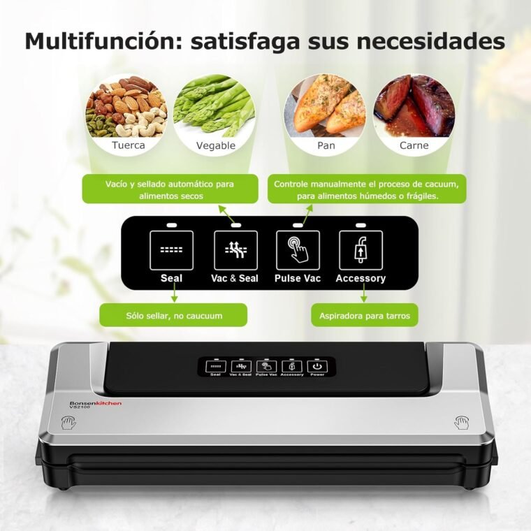 Bonsenkitchen Envasadora al Vacío 4 en 1 para Uso Doméstico y Comercial, Maquina al Vacio de Alimentos, Incluyendo 40 Bolsas (Grey) - Imagen 2