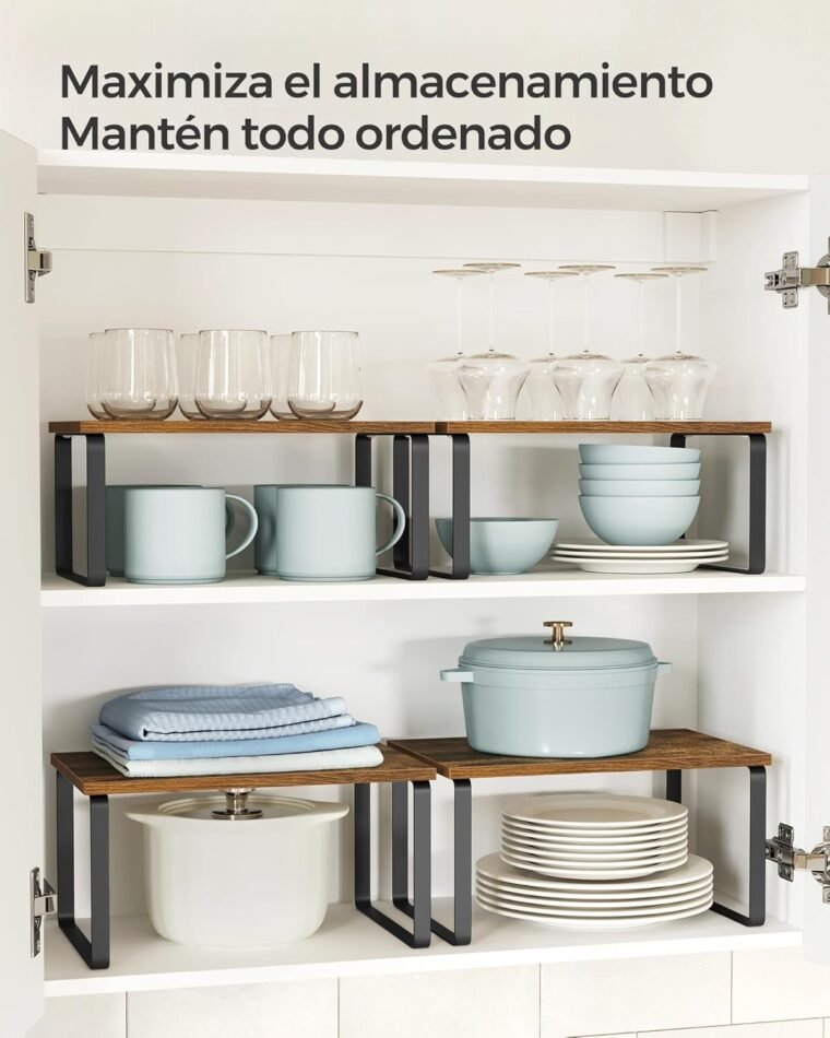 SONGMICS Estante para Especias, Juego de 2, Organizador de Armario, Estante de Almacenamiento de Cocina Extensible, Especiero de Metal y Madera de Ingeniería, Negro y Marrón Rústico KCS020X01 - Imagen 4