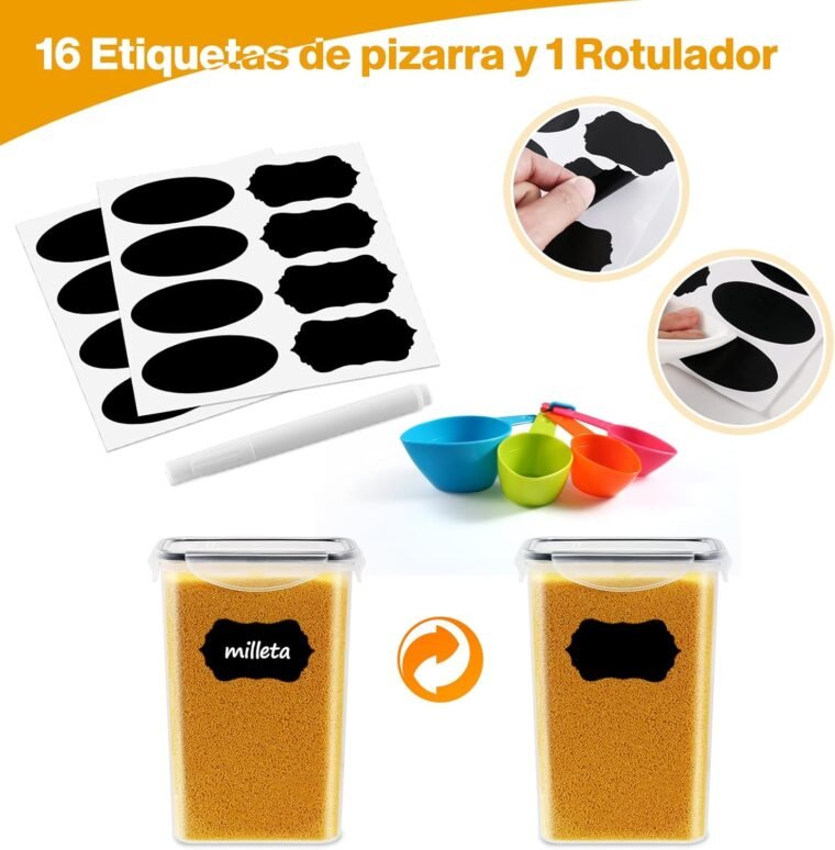 YASHE 16 Piezas Recipientes Herméticos para Alimentos, Botes Cocina, Plástico Sin BPA, con Tapas, para Almacenar Cereales, Pasta, Harina y Azúca - Imagen 6