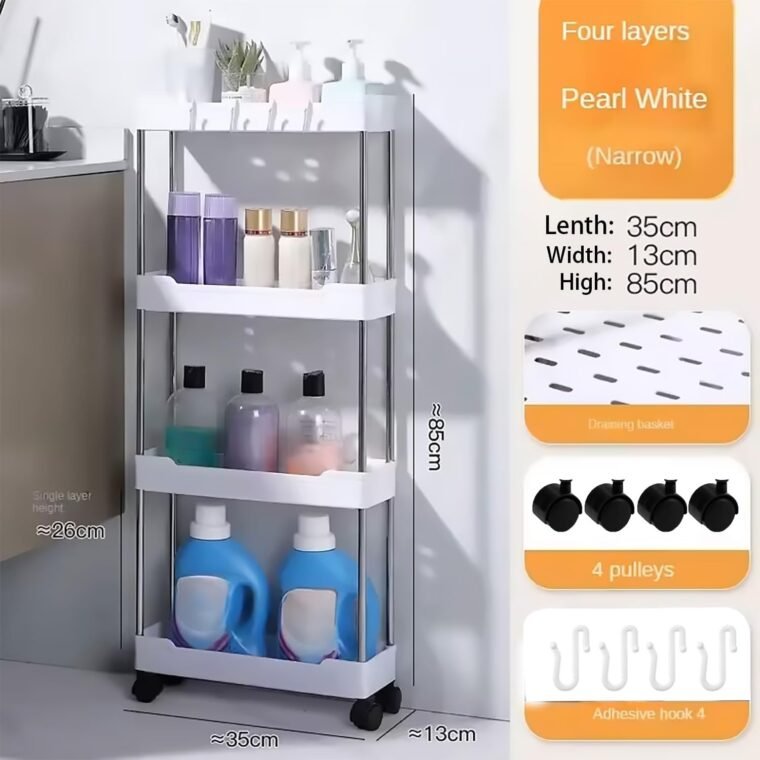 FUREINSTORE Carrito Estrecho de Almacenamiento Movible de Plástico con Ruedas – Estante Organizador Ideal para Cocina, Baño, Oficina o Dormitorio, Fácil Montaje y Transporte (Blanco, 4 Niveles) - Imagen 4