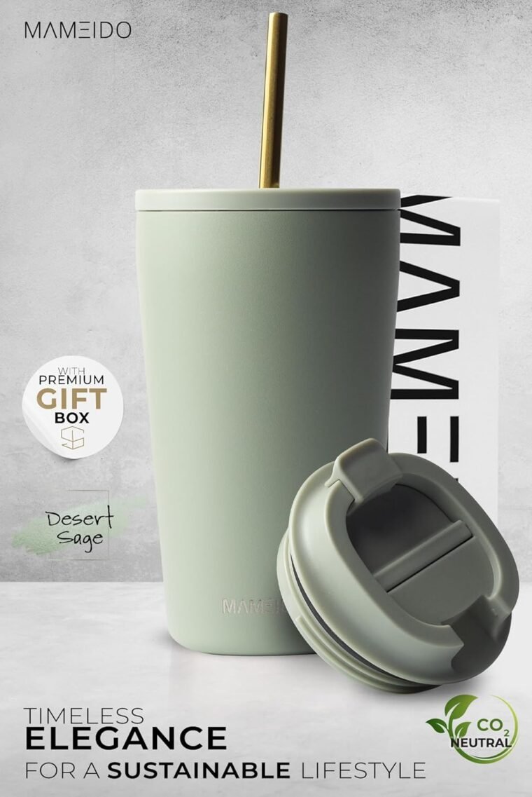 MAMEIDO Termo Cafe con Pajita y Tapa 470ml - Vaso Termico Antigoteo, Taza Termica acero inox sin BPA, Vaso Termo Cafe para llevar (Desert Sage, 0,47l) - Imagen 2