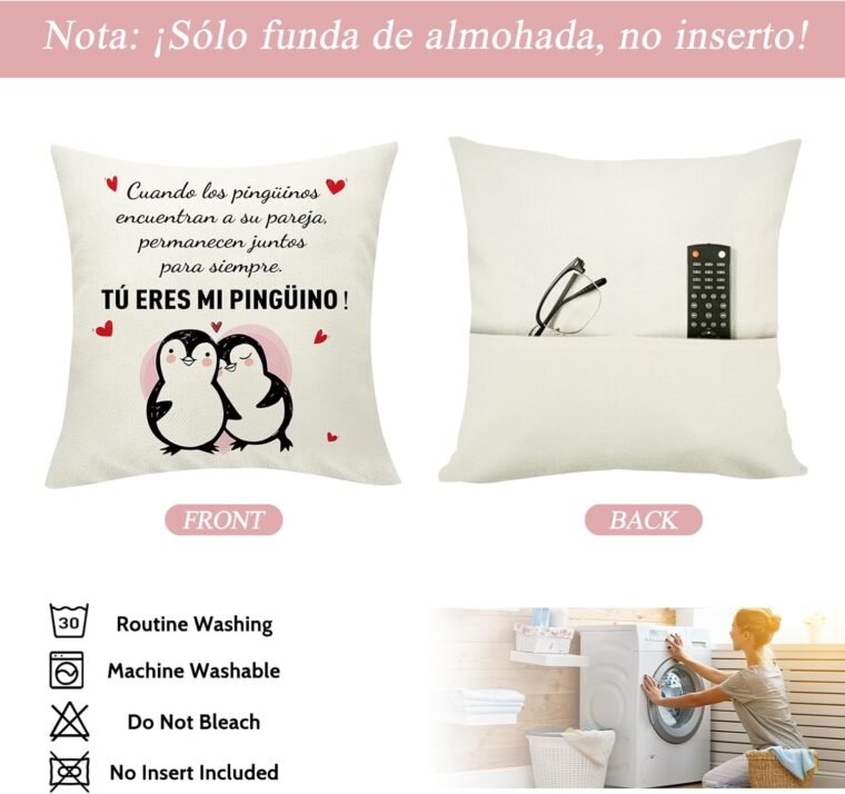 Sunia Regalo Pareja Pinguino Funda Cojin 45 x 45, Funda de Cojín con 2 Bolsillos, Regalo Aniversario Pareja, Regalo Cumpleaños Mujer, Regalos Originales para Hombre, Regalo Mujer San Valentin Navidad - Imagen 4