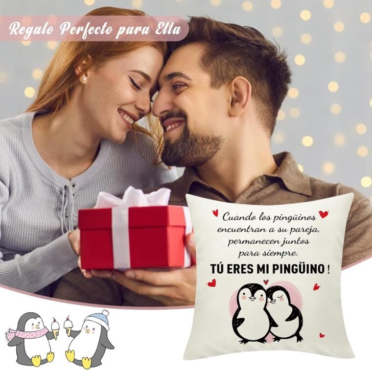 Sunia Regalo Pareja Pinguino Funda Cojin 45 x 45, Funda de Cojín con 2 Bolsillos, Regalo Aniversario Pareja, Regalo Cumpleaños Mujer, Regalos Originales para Hombre, Regalo Mujer San Valentin Navidad - Imagen 5