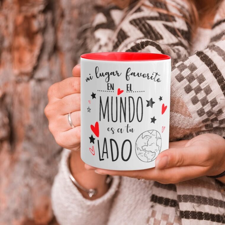 Kembilove Tazas de Cerámica, de Desayuno para Parejas – Taza de Café Rojas con Mensaje Mi lugar favorito en el mundo es a tu lado – Regalos Originales para Regalar en San Valentín - Imagen 5