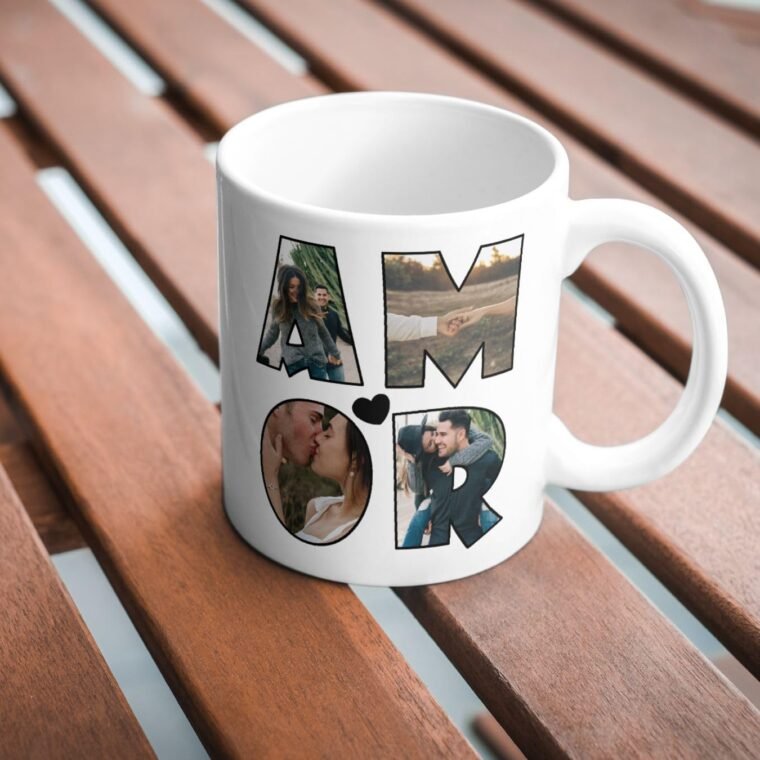 Taza de cerámica personalizada con foto. Taza personalizada para San Valentín con frase. Regalo original personalizado. (4 fotos y palabra AMOR) - Imagen 6