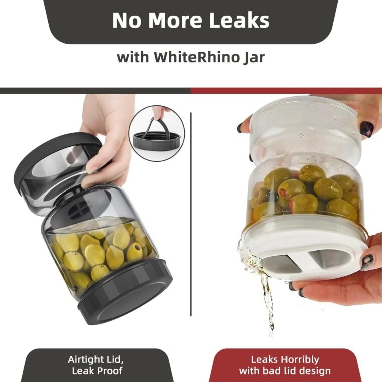 WhiteRhino Tarro de pepinillos con colador Flip,Recipiente de 34oz para pepinillos con doble a prueba de fugas,Tarro de cristal separador de jugo de pepinillos Flip Pickle y Olive Hourglass Jar - Imagen 4