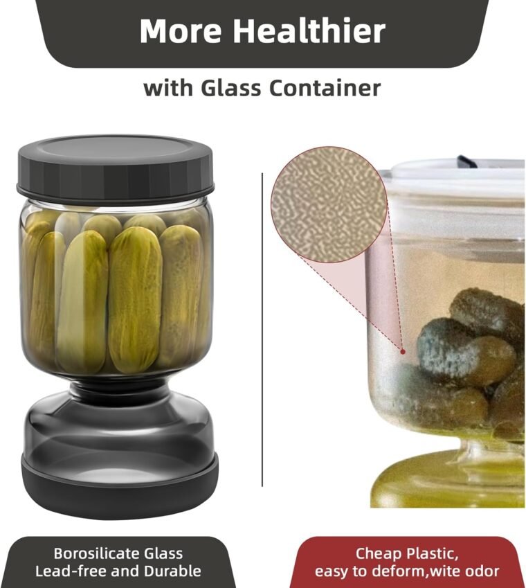 WhiteRhino Tarro de pepinillos con colador Flip,Recipiente de 34oz para pepinillos con doble a prueba de fugas,Tarro de cristal separador de jugo de pepinillos Flip Pickle y Olive Hourglass Jar - Imagen 5