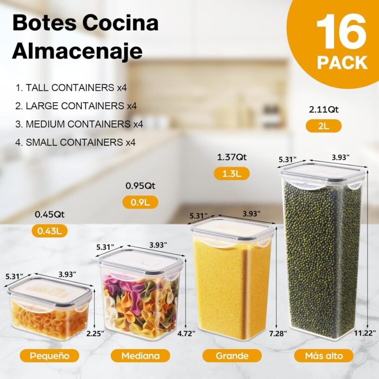 YASHE 16 Piezas Recipientes Herméticos para Alimentos, Botes Cocina, Plástico Sin BPA, con Tapas, para Almacenar Cereales, Pasta, Harina y Azúca - Imagen 5