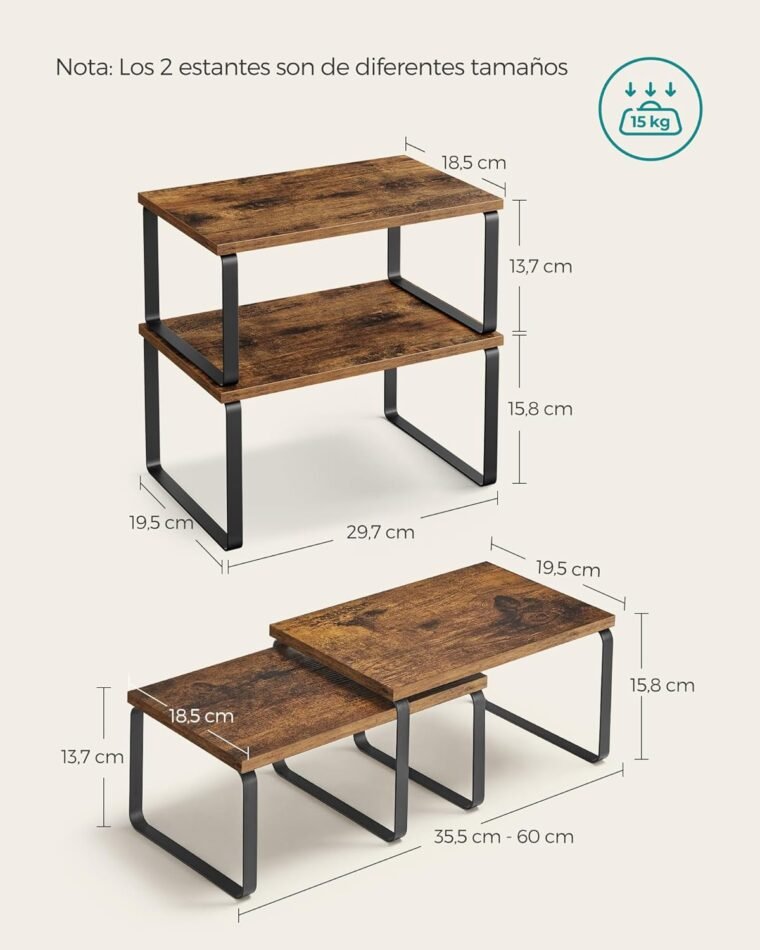 SONGMICS Estante para Especias, Juego de 2, Organizador de Armario, Estante de Almacenamiento de Cocina Extensible, Especiero de Metal y Madera de Ingeniería, Negro y Marrón Rústico KCS020X01 - Imagen 7