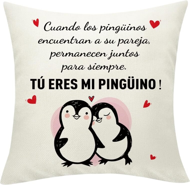 Sunia Regalo Pareja Pinguino Funda Cojin 45 x 45, Funda de Cojín con 2 Bolsillos, Regalo Aniversario Pareja, Regalo Cumpleaños Mujer, Regalos Originales para Hombre, Regalo Mujer San Valentin Navidad