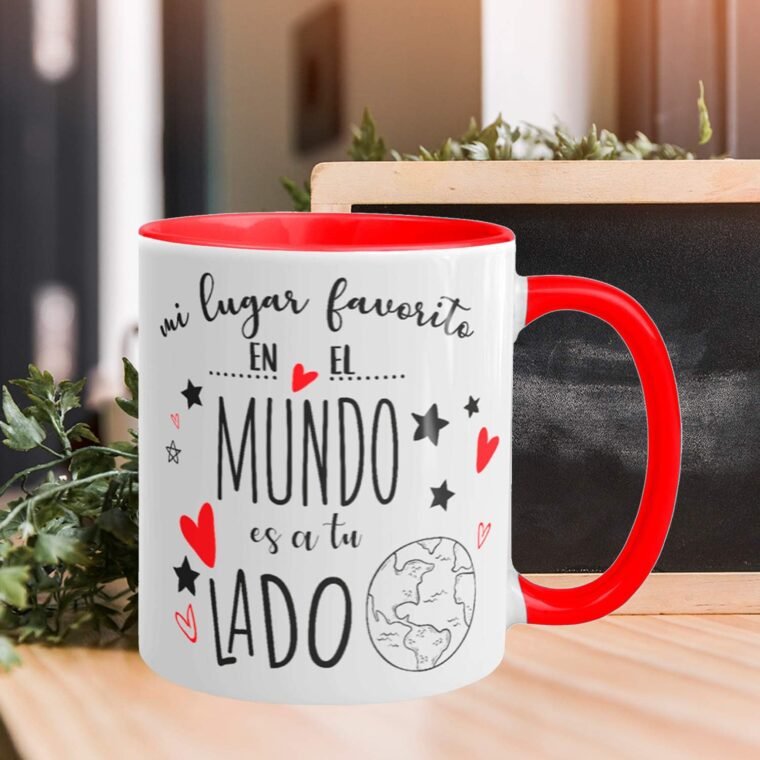 Kembilove Tazas de Cerámica, de Desayuno para Parejas – Taza de Café Rojas con Mensaje Mi lugar favorito en el mundo es a tu lado – Regalos Originales para Regalar en San Valentín - Imagen 4