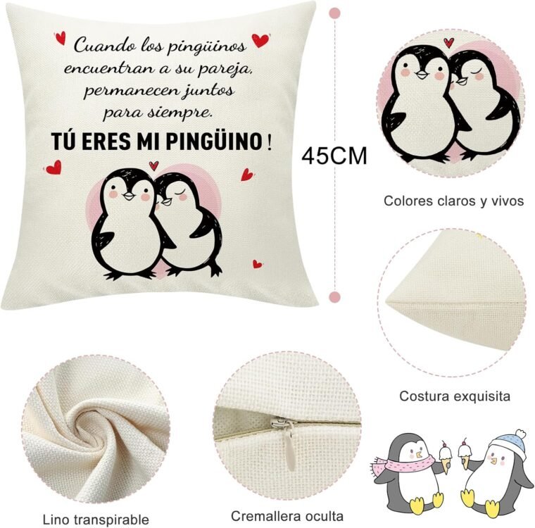 Sunia Regalo Pareja Pinguino Funda Cojin 45 x 45, Funda de Cojín con 2 Bolsillos, Regalo Aniversario Pareja, Regalo Cumpleaños Mujer, Regalos Originales para Hombre, Regalo Mujer San Valentin Navidad - Imagen 2