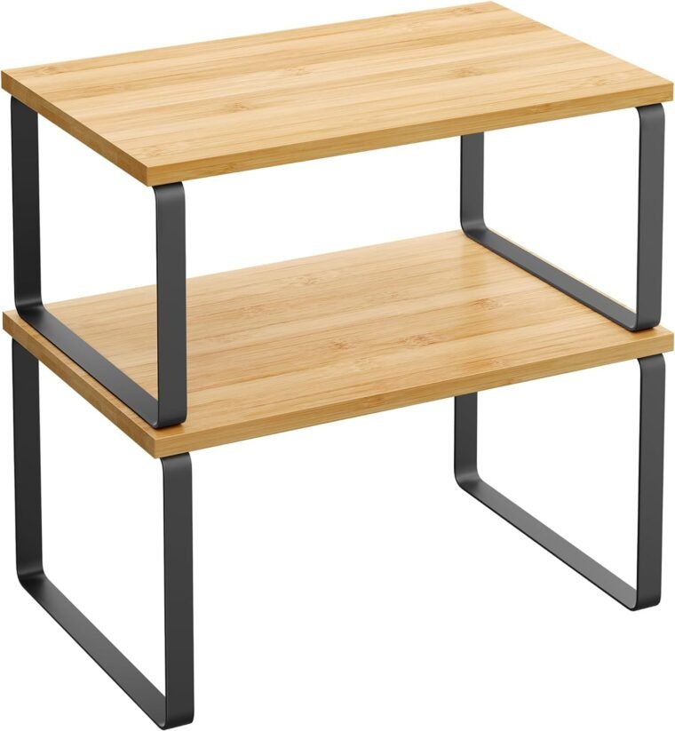 SONGMICS Estante para Especias, Juego de 2, Organizador de Armario, Estante de Almacenamiento de Cocina Extensible, Especiero de Metal y Madera de Ingeniería, Negro Tinta y Beige Natural KCS02NB