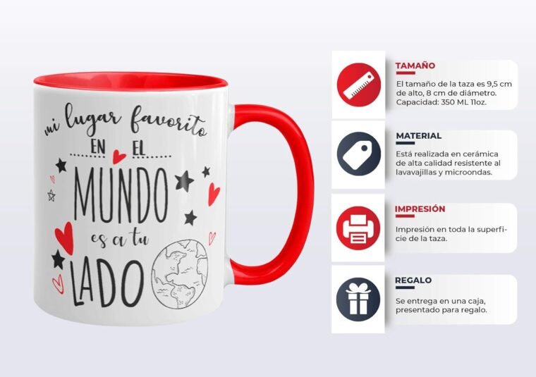 Kembilove Tazas de Cerámica, de Desayuno para Parejas – Taza de Café Rojas con Mensaje Mi lugar favorito en el mundo es a tu lado – Regalos Originales para Regalar en San Valentín - Imagen 6