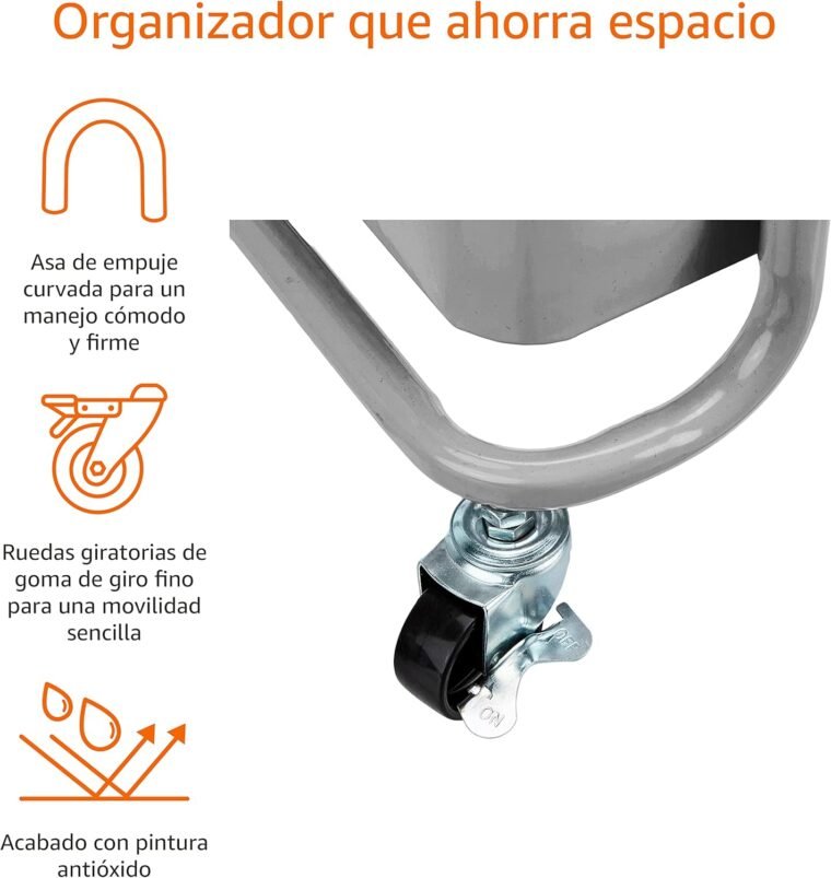 Amazon Basics - Carrito de cocina o multiuso de 3 estantes con ruedas, Gris Oscuro - Imagen 3