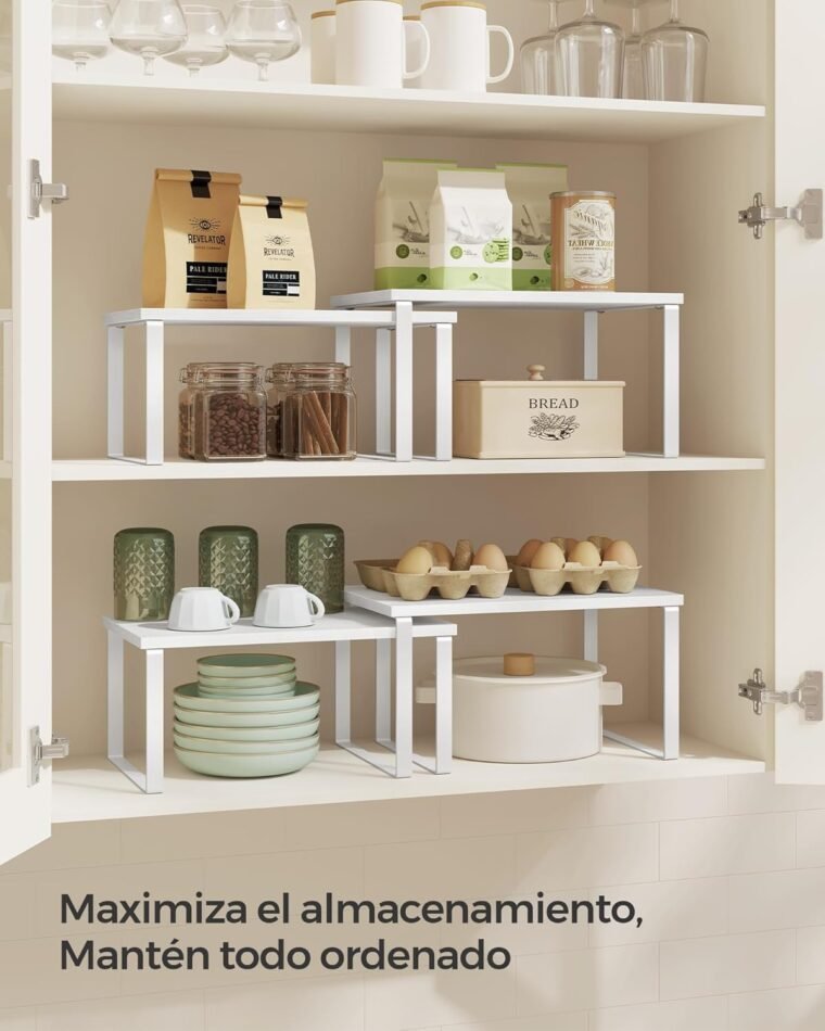 SONGMICS Estante para Especias, Juego de 2, Organizador de Armario, Estante de Almacenamiento de Cocina Extensible, Especiero de Metal y Madera de Ingeniería, Blanco Nieve y Blanco KCS02W01 - Imagen 3