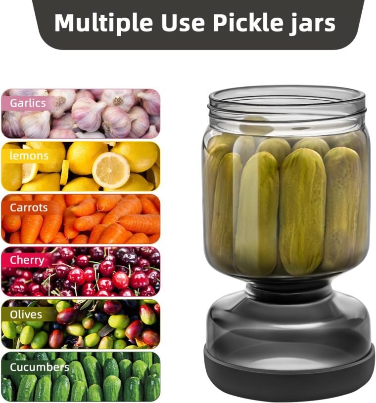 WhiteRhino Tarro de pepinillos con colador Flip,Recipiente de 34oz para pepinillos con doble a prueba de fugas,Tarro de cristal separador de jugo de pepinillos Flip Pickle y Olive Hourglass Jar - Imagen 8