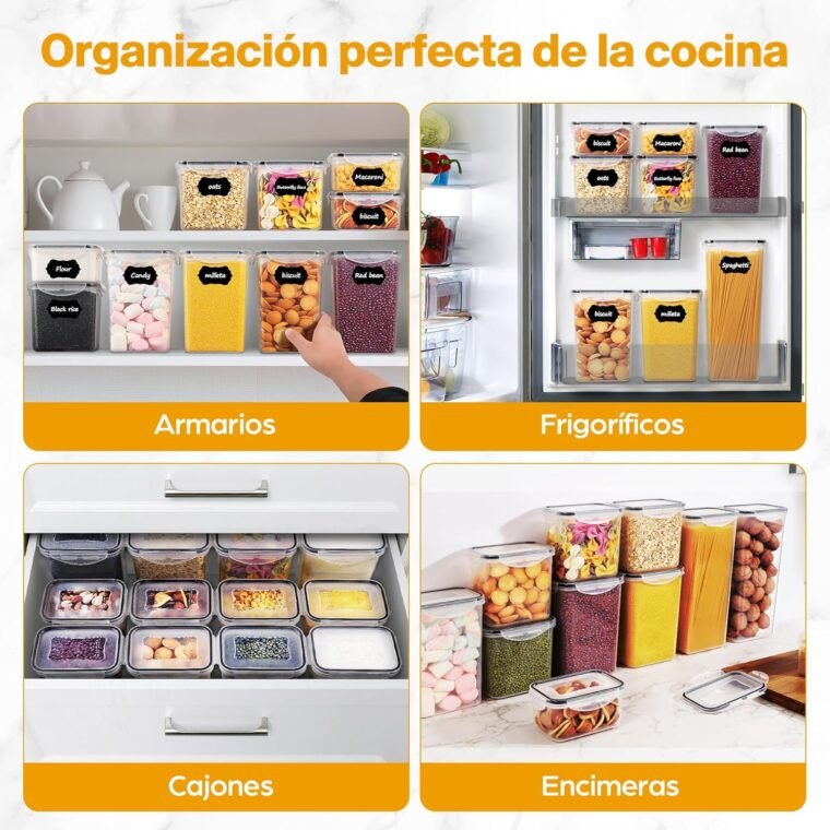 YASHE 16 Piezas Recipientes Herméticos para Alimentos, Botes Cocina, Plástico Sin BPA, con Tapas, para Almacenar Cereales, Pasta, Harina y Azúca - Imagen 8