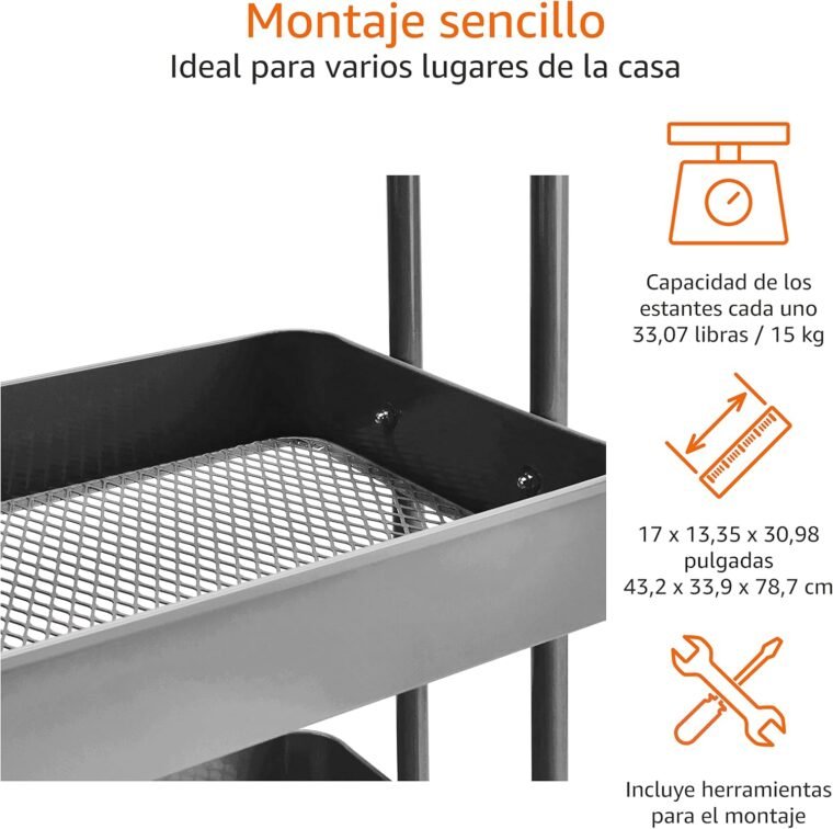 Amazon Basics - Carrito de cocina o multiuso de 3 estantes con ruedas, Gris Oscuro - Imagen 2