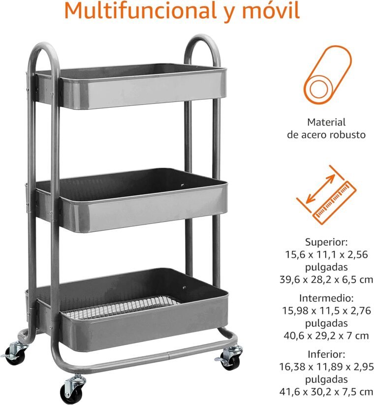 Amazon Basics - Carrito de cocina o multiuso de 3 estantes con ruedas, Gris Oscuro - Imagen 4