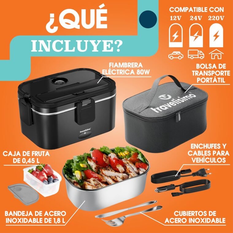 TRAVELISIMO Fiambrera Electrica Comida Trabajo 80W Taper Electrico para Comida 1,8L Fiambrera Termica 3 en 1 12V/24V/220V Fiambreras Comida Trabajo Coche y Camión, Acero Inox, Tartera Comida Trabajo - Imagen 5